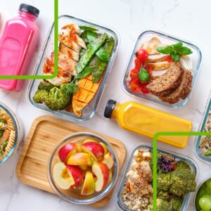 image of drinks and glass containers with prepped meals